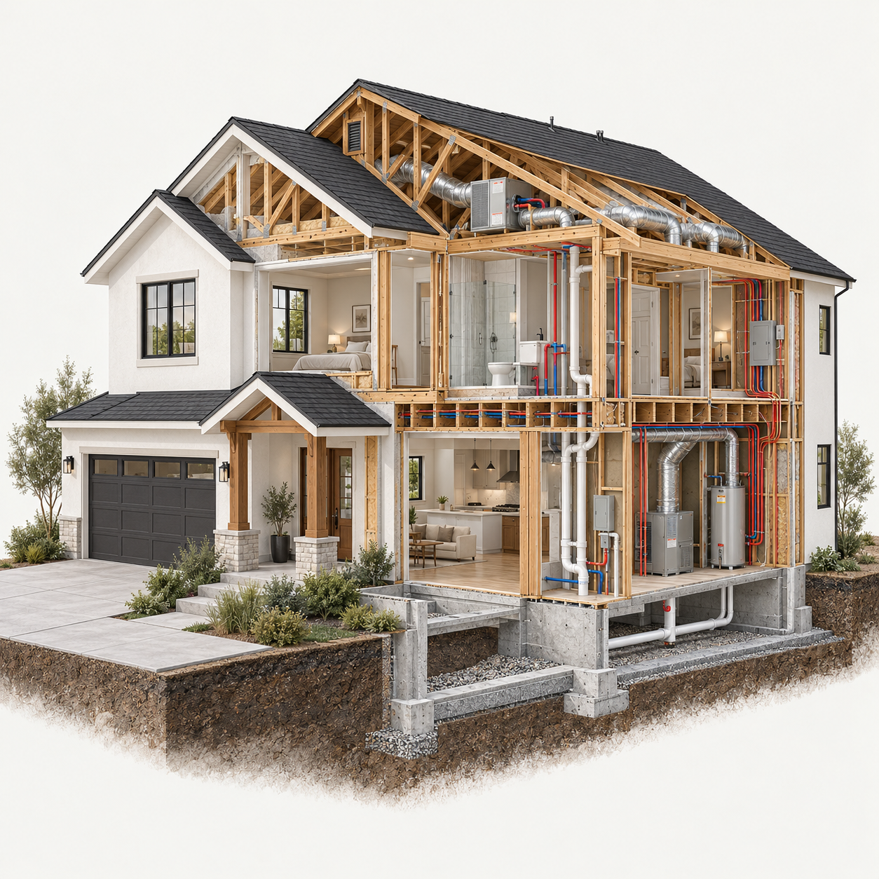 Illustrative house cutaway revealing roof framing, plumbing pipes, electrical wiring, heating and cooling equipment, and the foundation